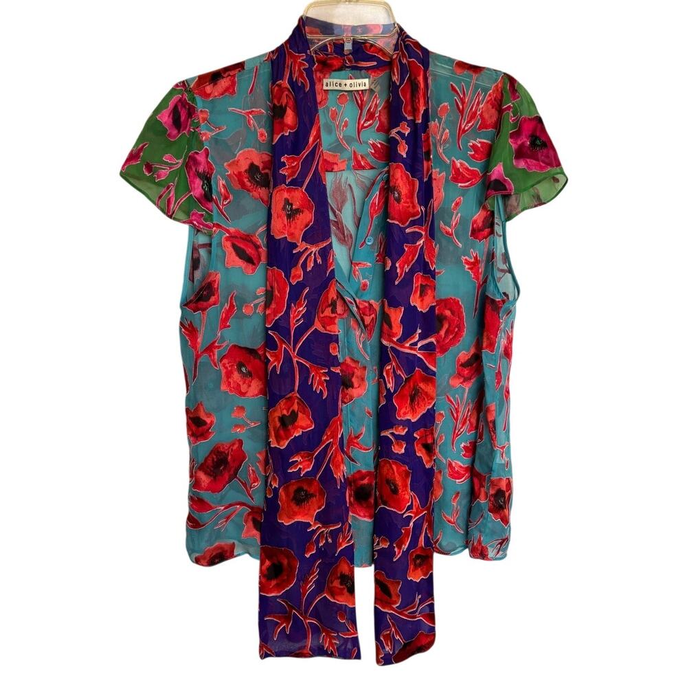 Alice + Olivia Jeannie Cap Sleeve Tie Front Floral Color Block Silk Mix Top sz L